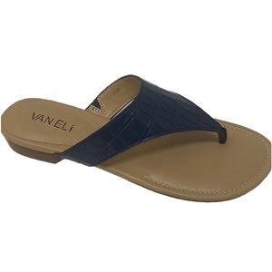 VANELI Yoanna Jeans Navy Crocodile Print Thong Sandal Wooden Heel Size 5.5M NEW